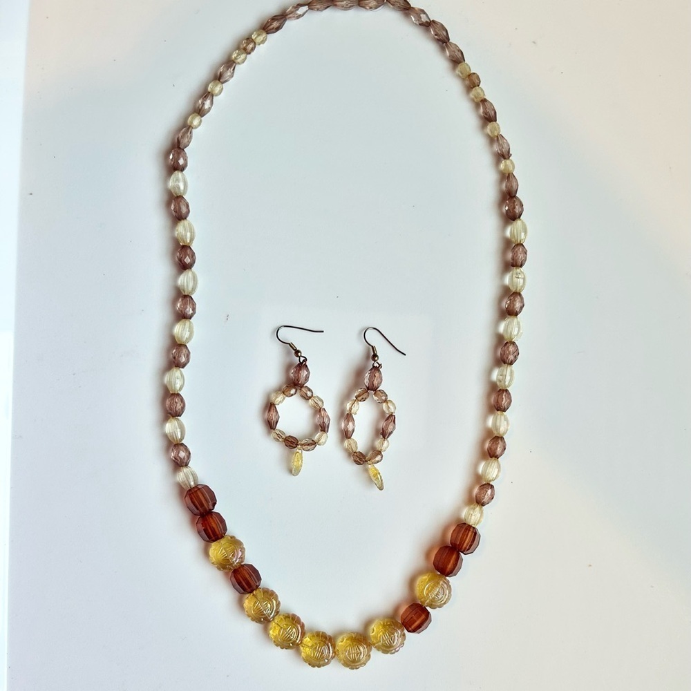 Vintage Acrylic Beaded Necklace & Dangle Earrings Matching Set Boho Handmade - Picture 2 of 10